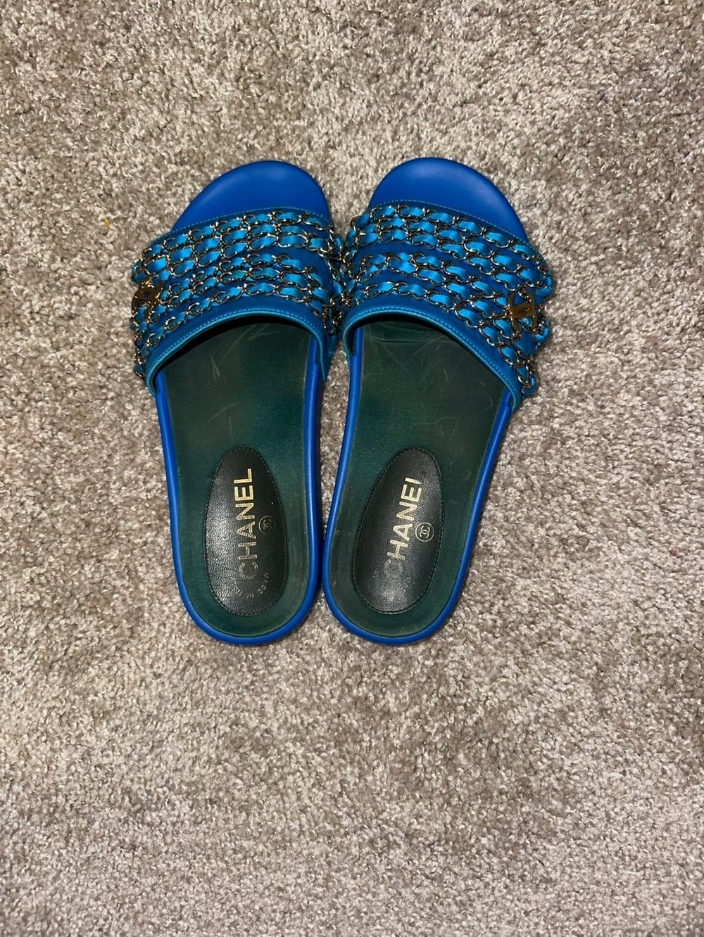 Chanel Blue Chain-Trim Slide Sandals